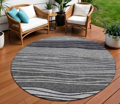 8' Gray Charcoal And Silver Round Striped Washable Indoor Outdoor Area Rug