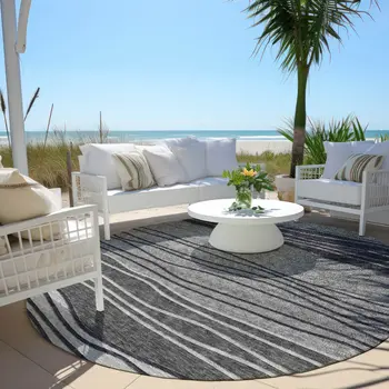 8' Gray Charcoal And Silver Round Striped Washable Indoor Outdoor Area Rug
