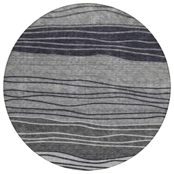 8' Gray Charcoal And Silver Round Striped Washable Indoor Outdoor Area Rug