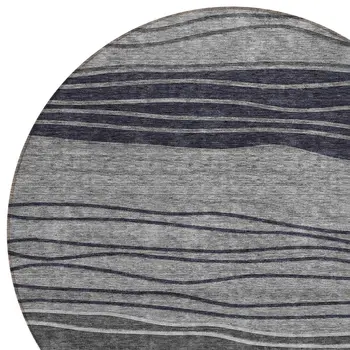 8' Gray Charcoal And Silver Round Striped Washable Indoor Outdoor Area Rug
