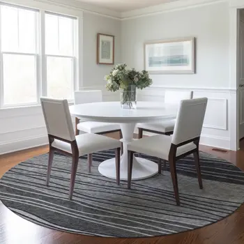 8' Gray Charcoal And Silver Round Striped Washable Indoor Outdoor Area Rug