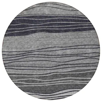 8' Gray Charcoal And Silver Round Striped Washable Indoor Outdoor Area Rug