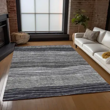 9' X 12' Gray Charcoal And Silver Striped Washable Indoor Outdoor Area Rug