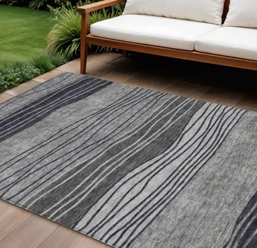 10' X 14' Gray Charcoal And Silver Striped Washable Indoor Outdoor Area Rug