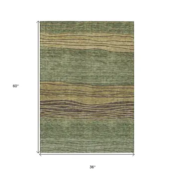 3' X 5' Olive Green And Chocolate Striped Washable Indoor Outdoor Area Rug