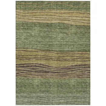3' X 5' Olive Green And Chocolate Striped Washable Indoor Outdoor Area Rug