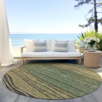 8' Olive Green And Chocolate Round Striped Washable Indoor Outdoor Area Rug