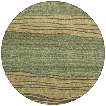 8' Olive Green And Chocolate Round Striped Washable Indoor Outdoor Area Rug