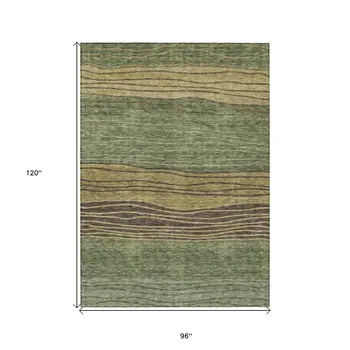 8' X 10' Olive Green And Chocolate Striped Washable Indoor Outdoor Area Rug