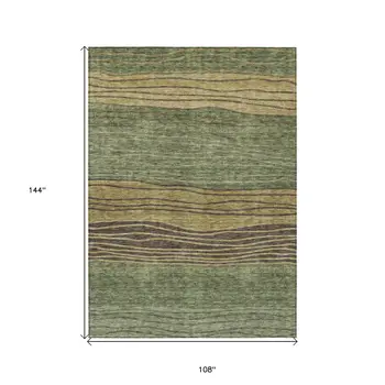 9' X 12' Olive Green And Chocolate Striped Washable Indoor Outdoor Area Rug