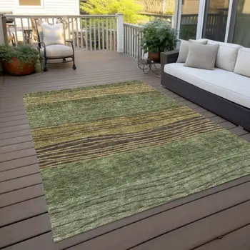 9' X 12' Olive Green And Chocolate Striped Washable Indoor Outdoor Area Rug