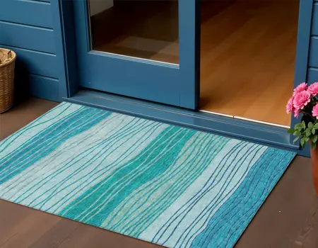 3' X 5' Sky Blue Teal Blue And Aqua Striped Washable Indoor Outdoor Area Rug
