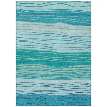 3' X 5' Sky Blue Teal Blue And Aqua Striped Washable Indoor Outdoor Area Rug