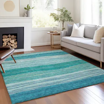 3' X 5' Sky Blue Teal Blue And Aqua Striped Washable Indoor Outdoor Area Rug