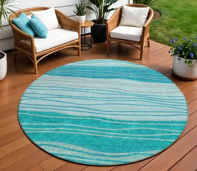8' Sky Blue Teal Blue And Aqua Round Striped Washable Indoor Outdoor Area Rug