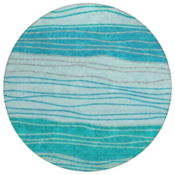 8' Sky Blue Teal Blue And Aqua Round Striped Washable Indoor Outdoor Area Rug