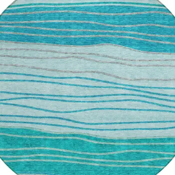 8' Sky Blue Teal Blue And Aqua Round Striped Washable Indoor Outdoor Area Rug