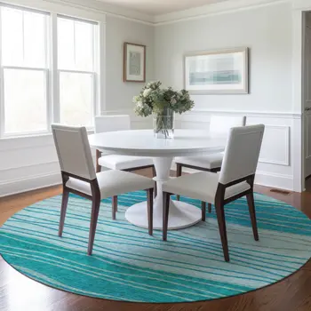 8' Sky Blue Teal Blue And Aqua Round Striped Washable Indoor Outdoor Area Rug