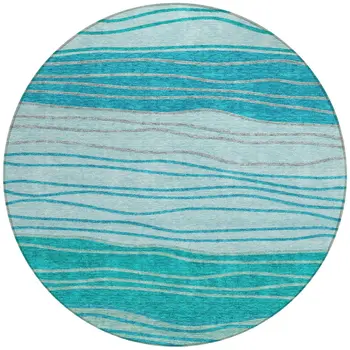 8' Sky Blue Teal Blue And Aqua Round Striped Washable Indoor Outdoor Area Rug