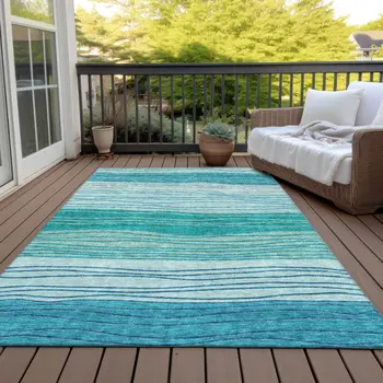 8' X 10' Sky Blue Teal Blue And Aqua Striped Washable Indoor Outdoor Area Rug