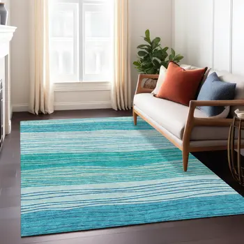 8' X 10' Sky Blue Teal Blue And Aqua Striped Washable Indoor Outdoor Area Rug