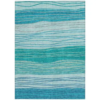 9' X 12' Sky Blue Teal Blue And Aqua Striped Washable Indoor Outdoor Area Rug