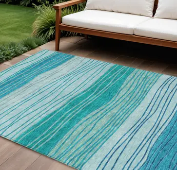 10' X 14' Sky Blue Teal Blue And Aqua Striped Washable Indoor Outdoor Area Rug