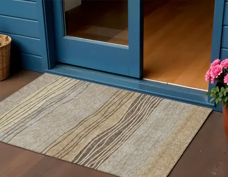 3' X 5' Taupe Brown And Beige Striped Washable Indoor Outdoor Area Rug