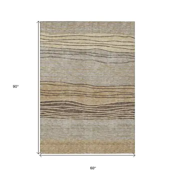 5' X 8' Taupe Brown And Beige Striped Washable Indoor Outdoor Area Rug