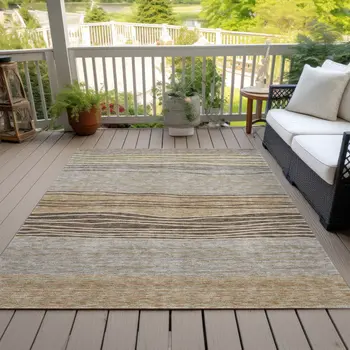 5' X 8' Taupe Brown And Beige Striped Washable Indoor Outdoor Area Rug