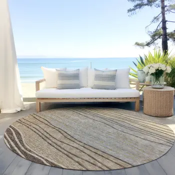 8' Taupe Brown And Beige Round Striped Washable Indoor Outdoor Area Rug