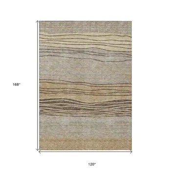 10' X 14' Taupe Brown And Beige Striped Washable Indoor Outdoor Area Rug