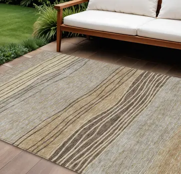 10' X 14' Taupe Brown And Beige Striped Washable Indoor Outdoor Area Rug