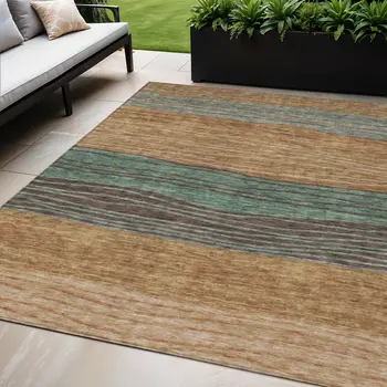 5' X 8' Terra Cotta Copper And Beige Striped Washable Indoor Outdoor Area Rug