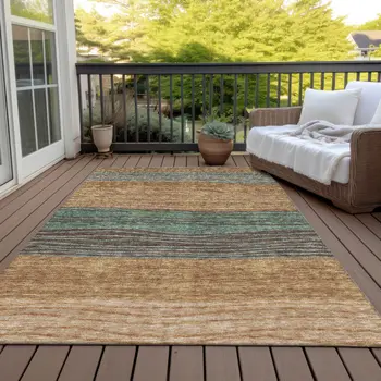 10' X 14' Terra Cotta Copper And Beige Striped Washable Indoor Outdoor Area Rug
