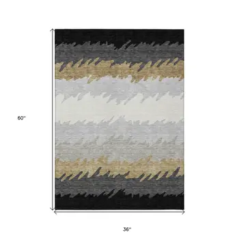 3' X 5' Black Charcoal And Silver Striped Washable Indoor Outdoor Area Rug