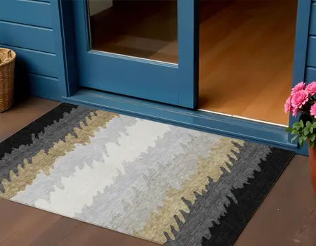 3' X 5' Black Charcoal And Silver Striped Washable Indoor Outdoor Area Rug