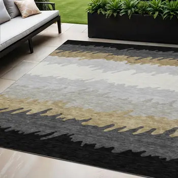 5' X 8' Black Charcoal And Silver Striped Washable Indoor Outdoor Area Rug
