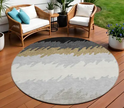 8' Black Charcoal And Silver Round Striped Washable Indoor Outdoor Area Rug