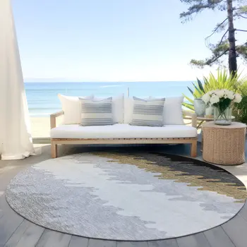 8' Black Charcoal And Silver Round Striped Washable Indoor Outdoor Area Rug