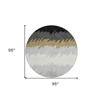 8' Black Charcoal And Silver Round Striped Washable Indoor Outdoor Area Rug
