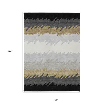 9' X 12' Black Charcoal And Silver Striped Washable Indoor Outdoor Area Rug