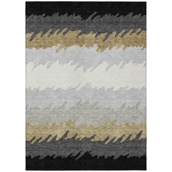 9' X 12' Black Charcoal And Silver Striped Washable Indoor Outdoor Area Rug