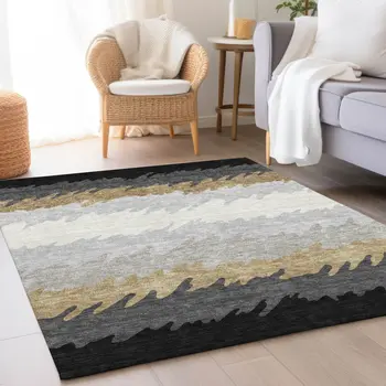 9' X 12' Black Charcoal And Silver Striped Washable Indoor Outdoor Area Rug