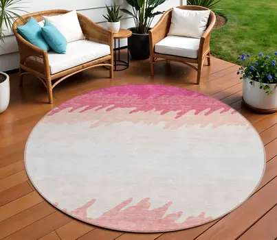 8' Blush Pink And Ivory Round Striped Washable Indoor Outdoor Area Rug