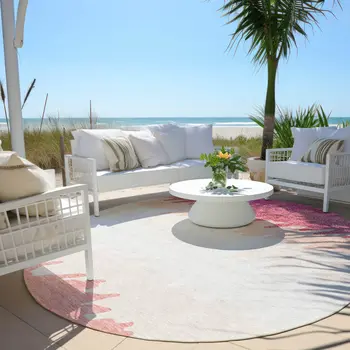 8' Blush Pink And Ivory Round Striped Washable Indoor Outdoor Area Rug