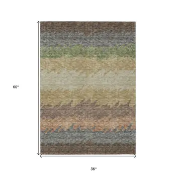 3' X 5' Chocolate Gray And Green Striped Washable Indoor Outdoor Area Rug