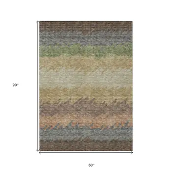 5' X 8' Chocolate Gray And Green Striped Washable Indoor Outdoor Area Rug