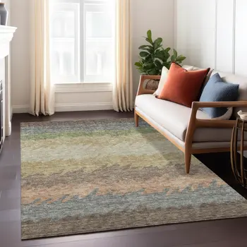 5' X 8' Chocolate Gray And Green Striped Washable Indoor Outdoor Area Rug