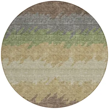 8' Chocolate Gray And Green Round Striped Washable Indoor Outdoor Area Rug